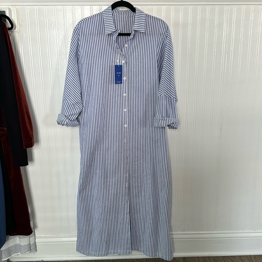 Casual Quarter Sleeve Button Down Loose Striped Cotton Maxi Shirt Dress
